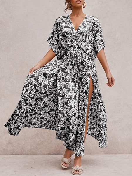 Boho Maxi Dress V Neck Short Sleeves Split Beach Dress