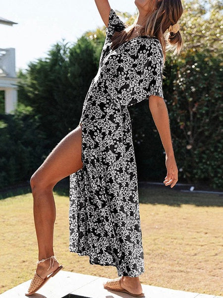 Boho Maxi Dress V Neck Short Sleeves Split Beach Dress