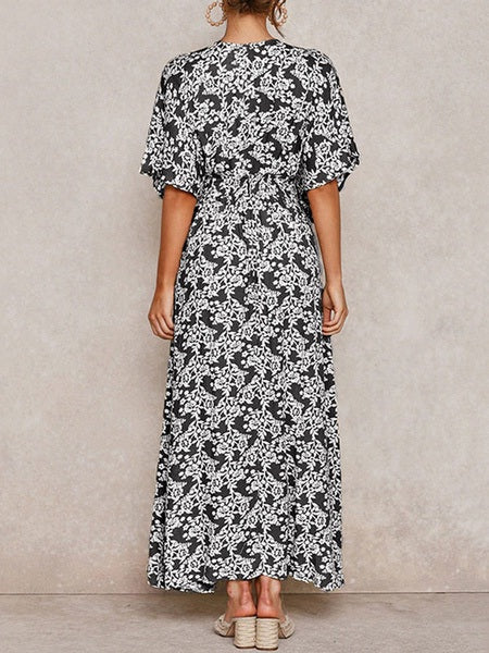 Boho Maxi Dress V Neck Short Sleeves Split Beach Dress