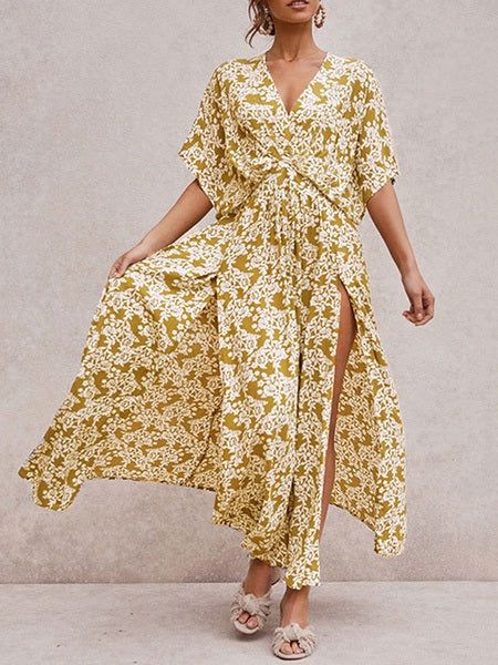 Boho Maxi Dress V Neck Short Sleeves Split Beach Dress