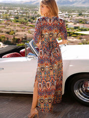 Half Sleeve Plunging Printed Split Boho Maxi Dress