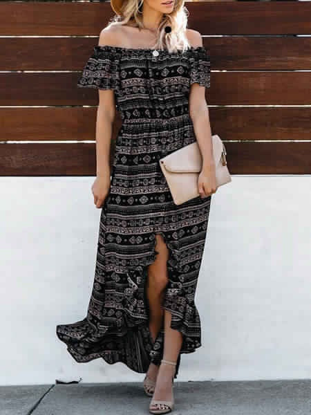 Boho Maxi Dresses Off The Shoulder Printed Chiffon High Low Dress
