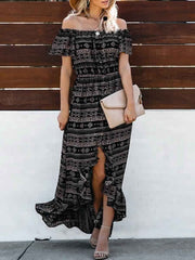 Boho Maxi Dresses Off The Shoulder Printed Chiffon High Low Dress