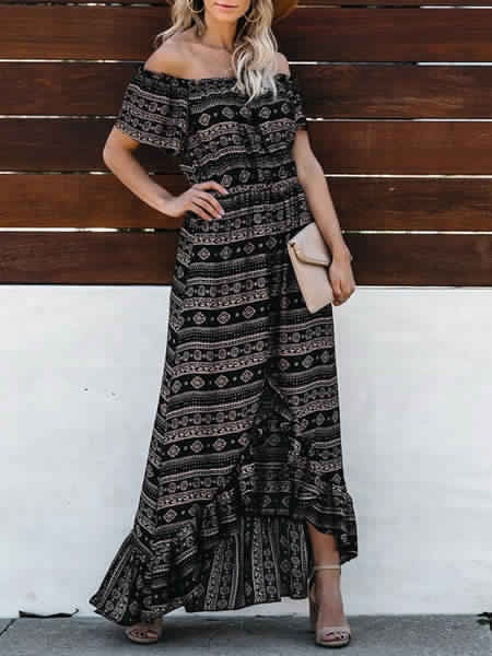 Boho Maxi Dresses Off The Shoulder Printed Chiffon High Low Dress