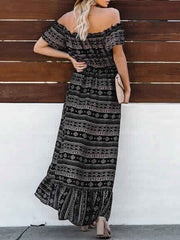 Boho Maxi Dresses Off The Shoulder Printed Chiffon High Low Dress
