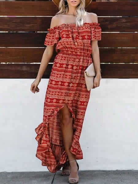 Boho Maxi Dresses Off The Shoulder Printed Chiffon High Low Dress