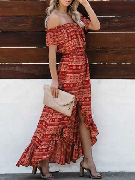 Boho Maxi Dresses Off The Shoulder Printed Chiffon High Low Dress