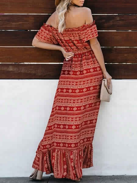 Boho Maxi Dresses Off The Shoulder Printed Chiffon High Low Dress