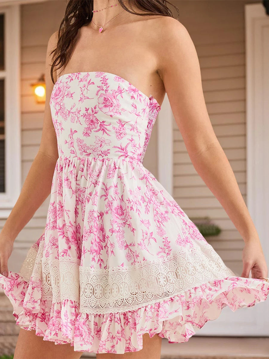 Boho Off Shoulder Floral Print Ruffled Beach Vacation Mini Dress