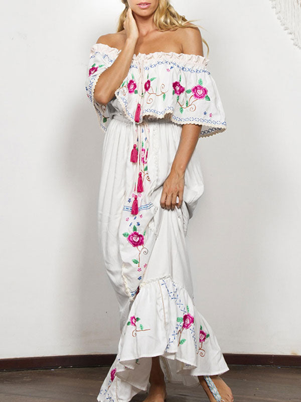 Boho Off The Shoulder Short Sleeves Embroidered Beach Dresses