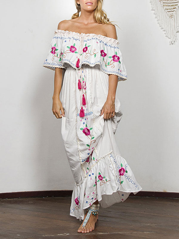 Boho Off The Shoulder Short Sleeves Embroidered Beach Dresses