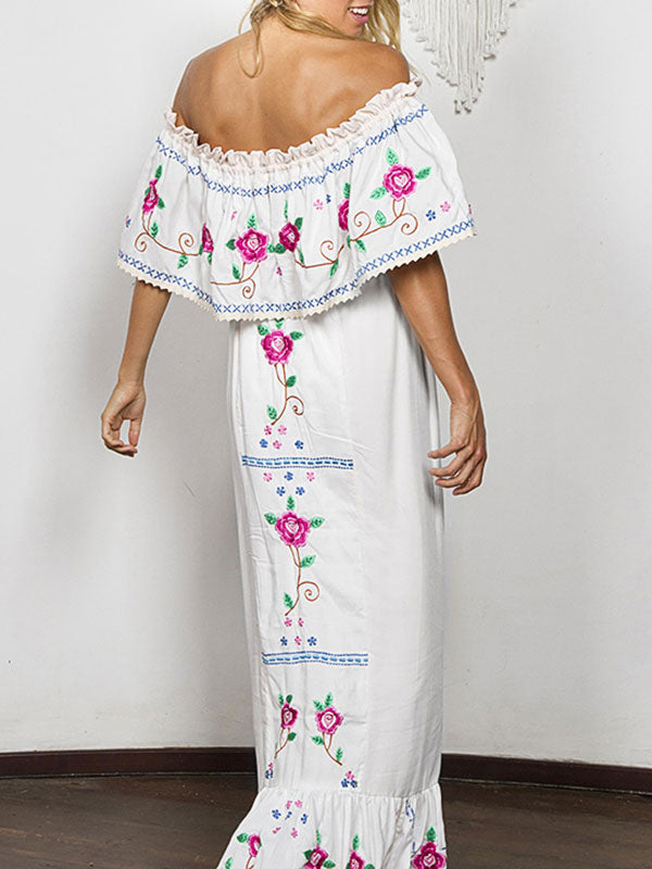 Boho Off The Shoulder Short Sleeves Embroidered Beach Dresses