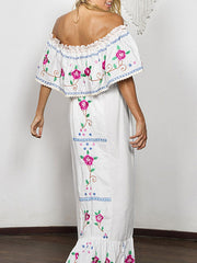 Boho Off The Shoulder Short Sleeves Embroidered Beach Dresses