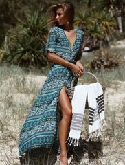 Boho V Neck Half Sleeve Printed Split Long Warp Maxi Dresses