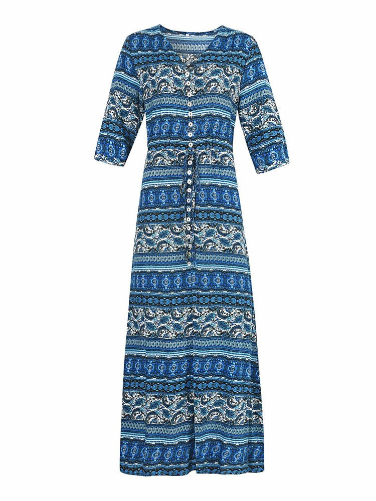 Boho V Neck Half Sleeve Printed Split Long Warp Maxi Dresses