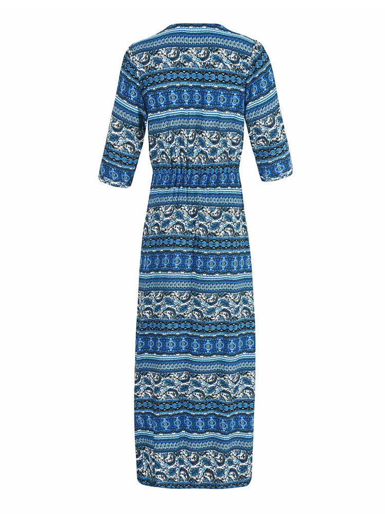 Boho V Neck Half Sleeve Printed Split Long Warp Maxi Dresses