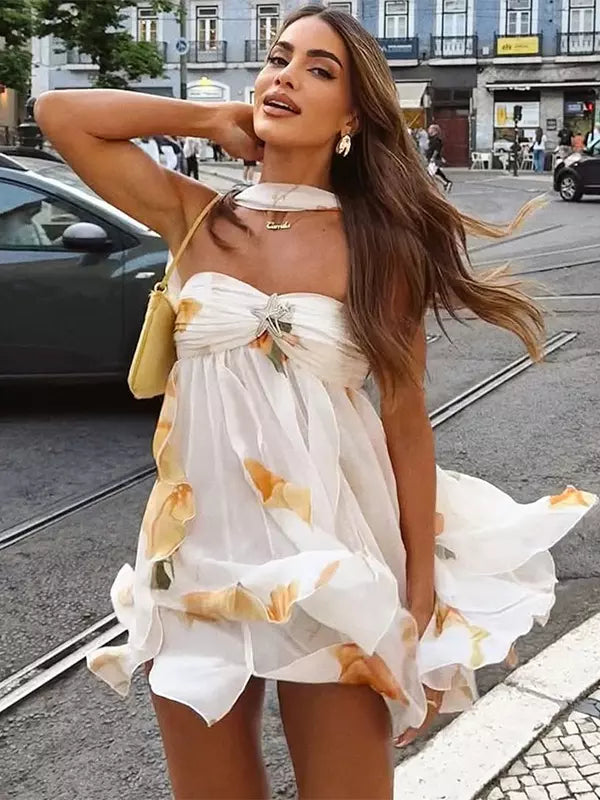 Boho With Scarf Neck And Layered Hem Resort Wear Mini Dress
