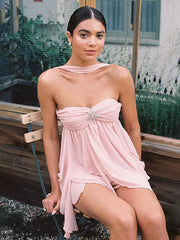 Bohemian Scarf Neck Backless Layered Hem Beach Mini Dress