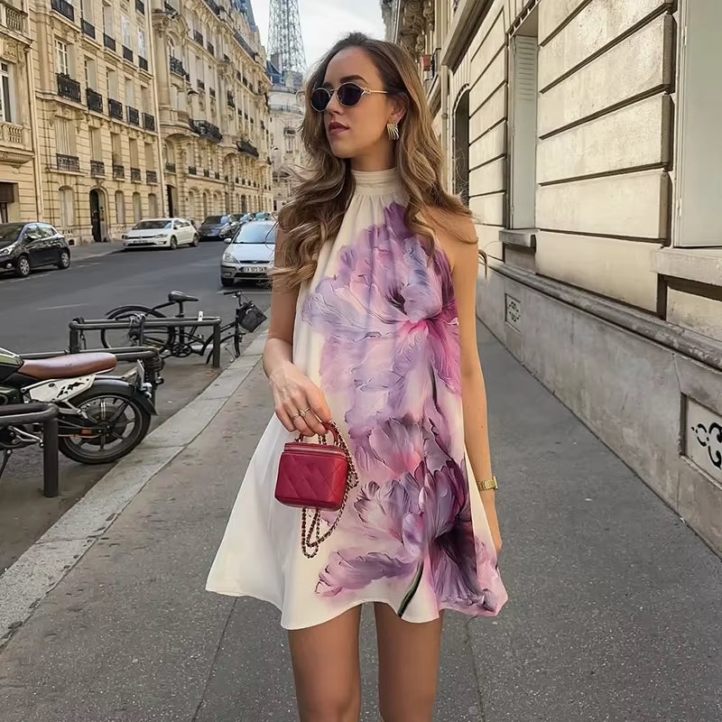 Bohomian Printed Turtleneck Off Shoulder Sleeveless Loose Mini Dress