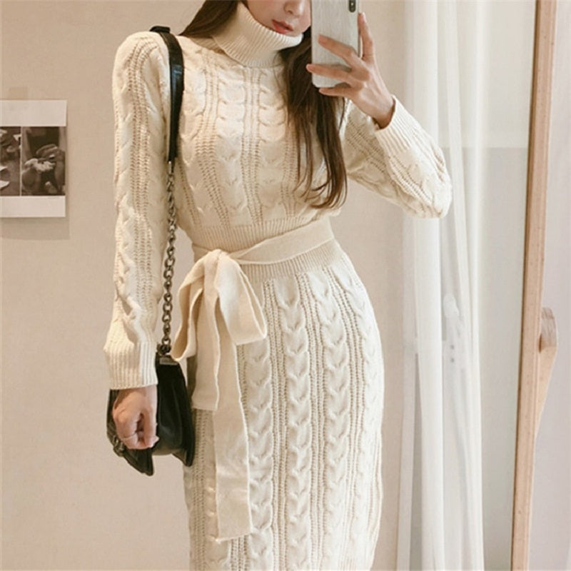 Bow Turtleneck Straight Warm Office Ladies Sweater Dress
