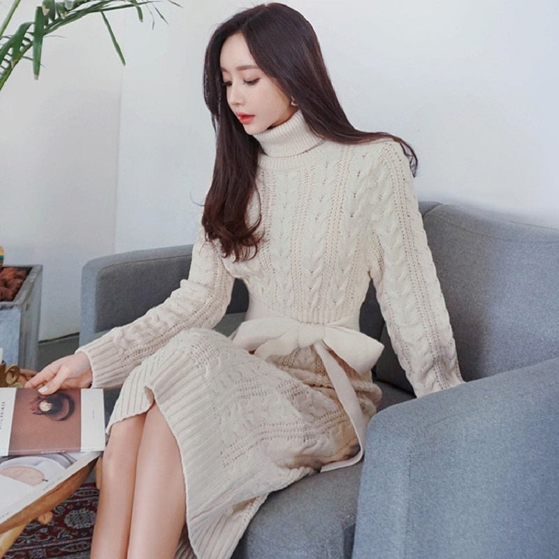 Bow Turtleneck Straight Warm Office Ladies Sweater Dress