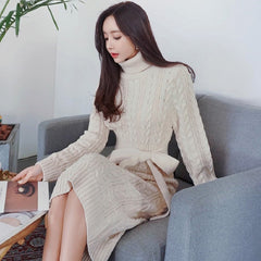 Bow Turtleneck Straight Warm Office Ladies Sweater Dress