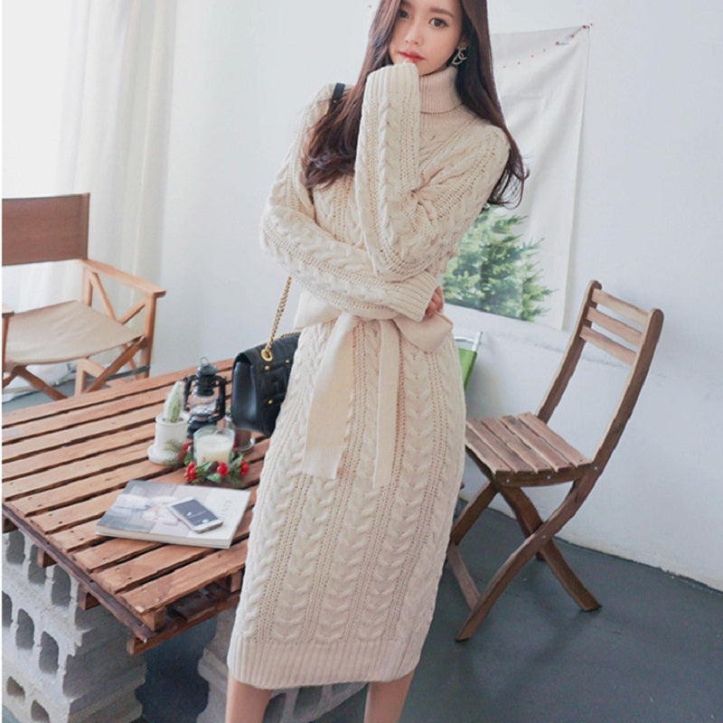 Bow Turtleneck Straight Warm Office Ladies Sweater Dress