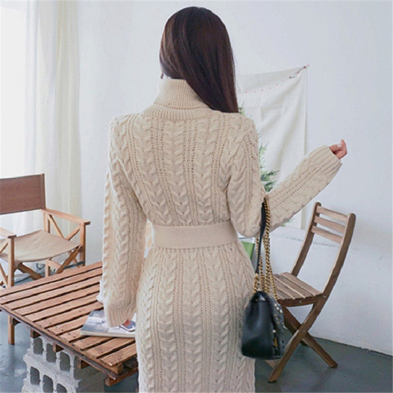 Bow Turtleneck Straight Warm Office Ladies Sweater Dress