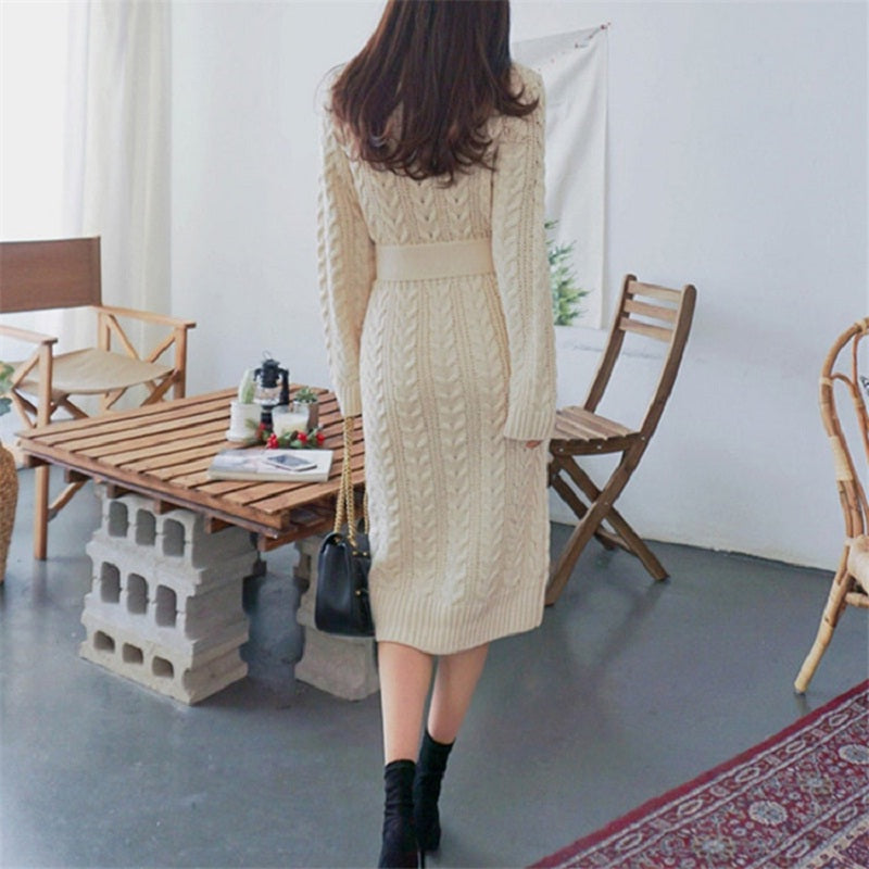 Bow Turtleneck Straight Warm Office Ladies Sweater Dress