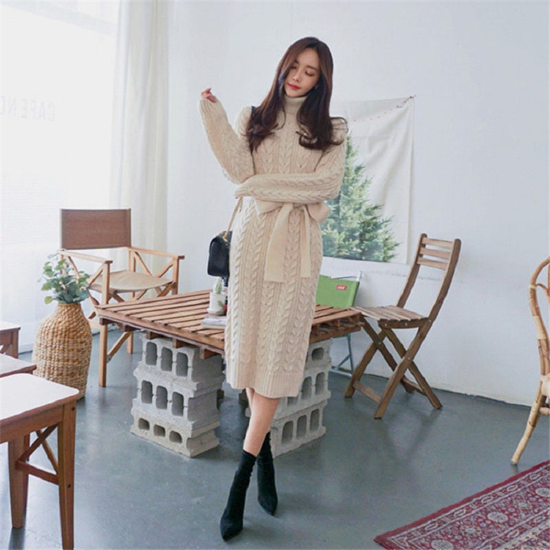 Bow Turtleneck Straight Warm Office Ladies Sweater Dress