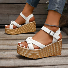 Bowtie Decor Wedges Sandals for  Ankle Buckle Chunky Platform Sandals Thick Sole Elegant Shoes