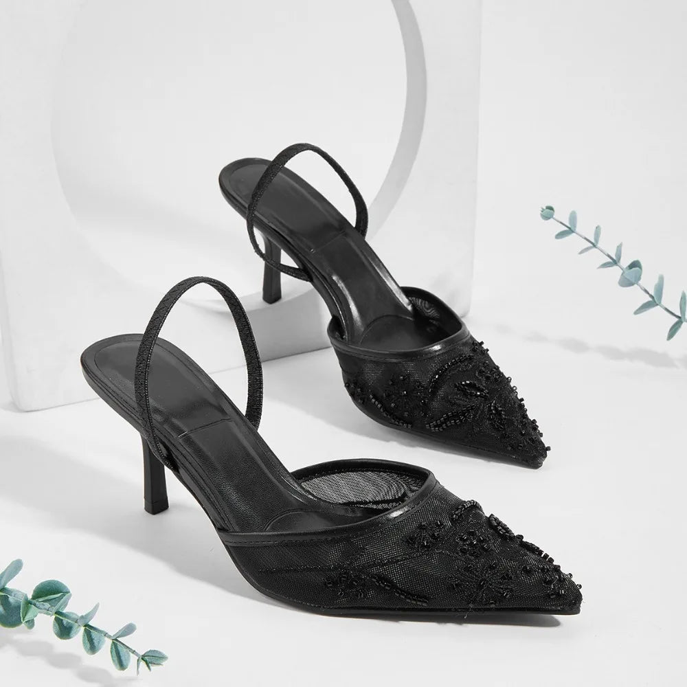 Brand Designer White Wedding Pumps Mesh Embroidered Flowers Back Strap Slingback High Heel