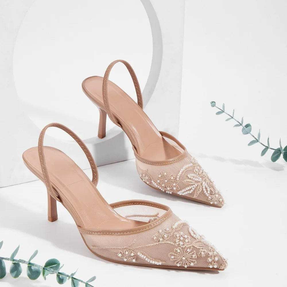 Brand Designer White Wedding Pumps Mesh Embroidered Flowers Back Strap Slingback High Heel
