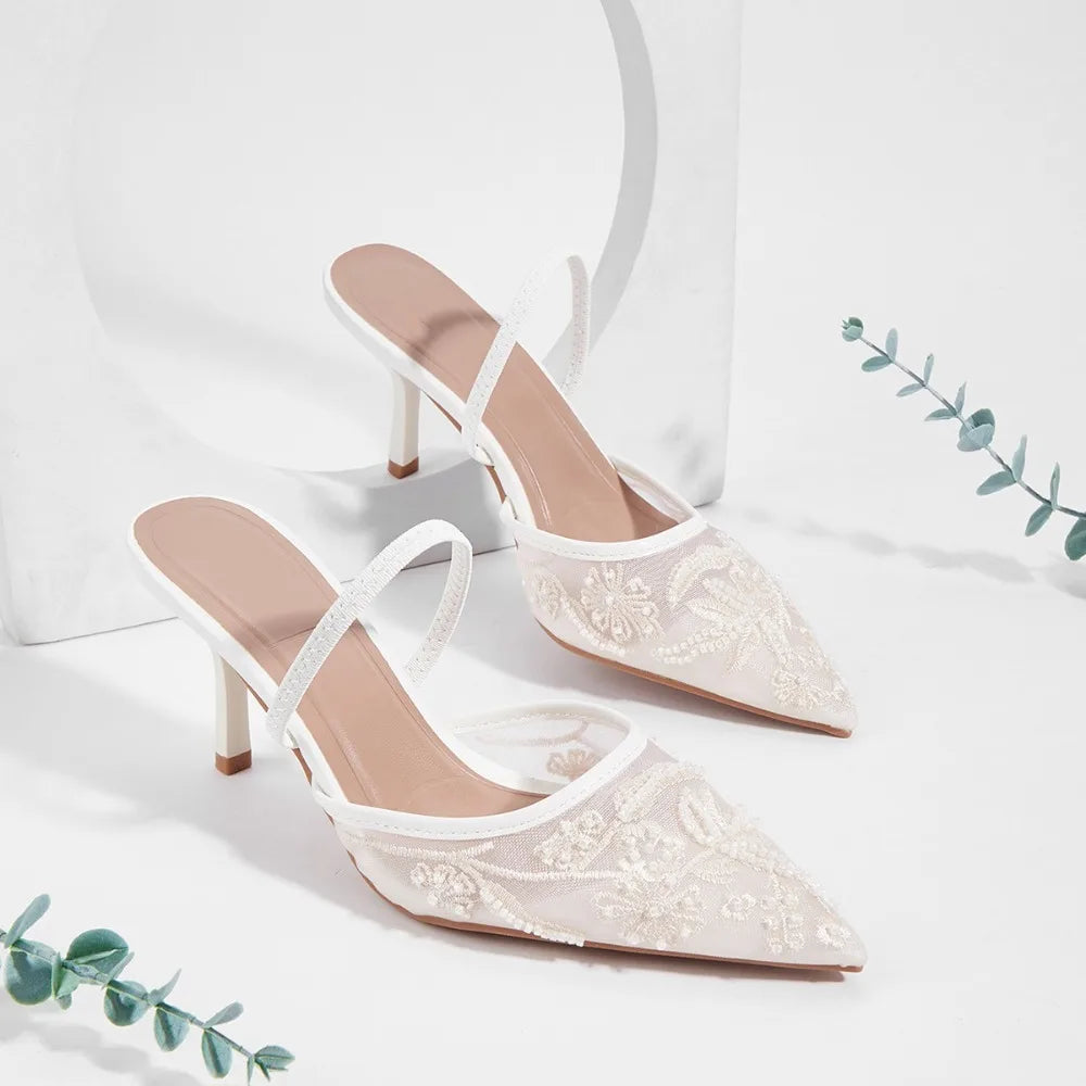 Brand Designer White Wedding Pumps Mesh Embroidered Flowers Back Strap Slingback High Heel