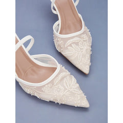 Brand Designer White Wedding Pumps Mesh Embroidered Flowers Back Strap Slingback High Heel
