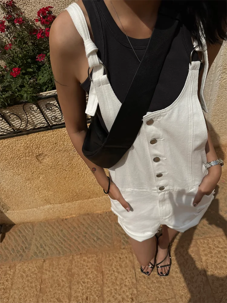 Broken Hole Denim Suspender Retro Washed Loose Suspender One-Piece Wide Leg Shorts