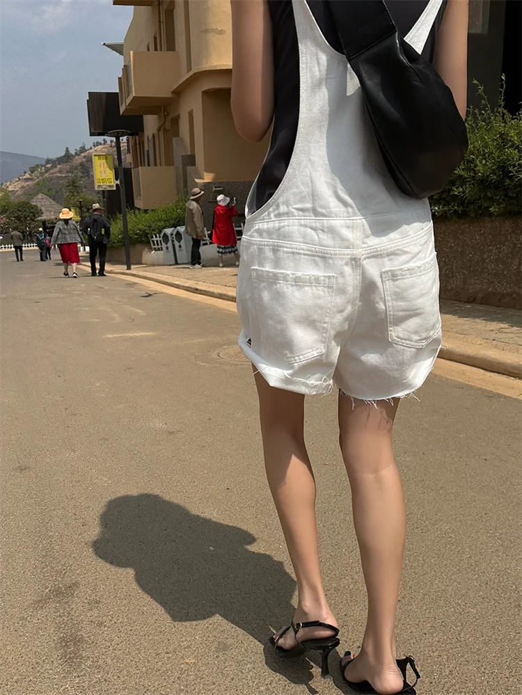 Broken Hole Denim Suspender Retro Washed Loose Suspender One-Piece Wide Leg Shorts