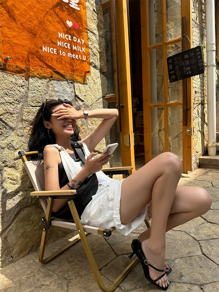 Broken Hole Denim Suspender Retro Washed Loose Suspender One-Piece Wide Leg Shorts
