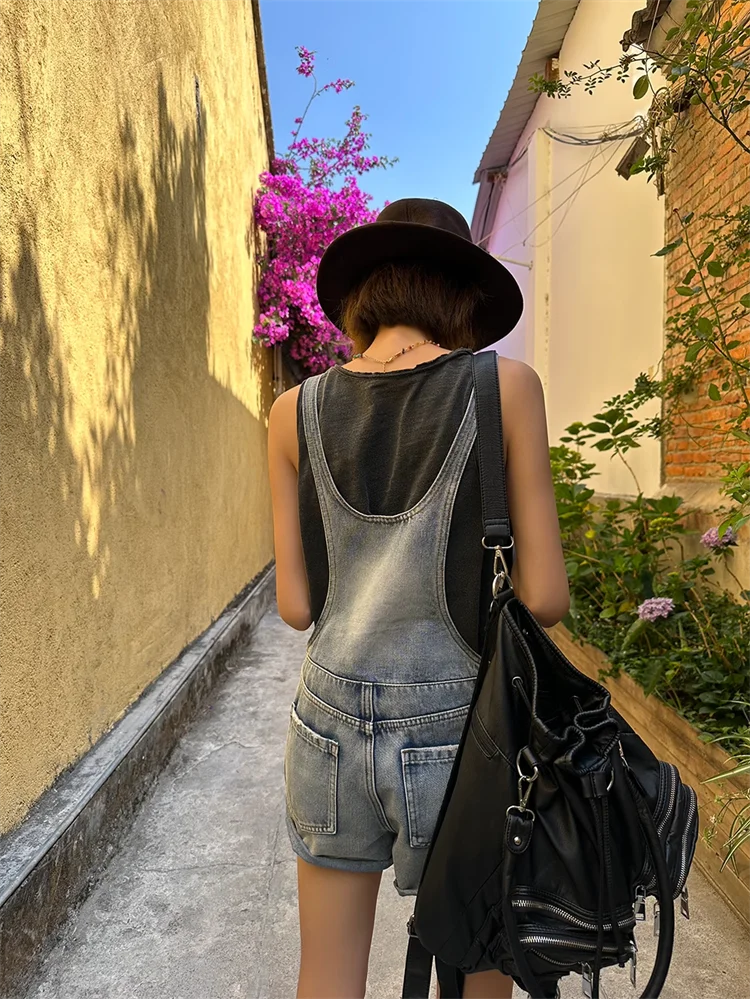 Broken Hole Denim Suspender Retro Washed Loose Suspender One-Piece Wide Leg Shorts
