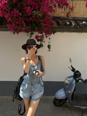 Broken Hole Denim Suspender Retro Washed Loose Suspender One-Piece Wide Leg Shorts