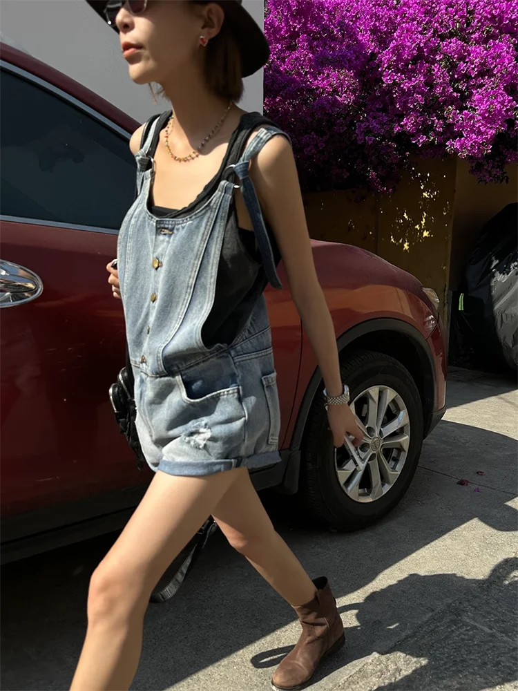 Broken Hole Denim Suspender Retro Washed Loose Suspender One-Piece Wide Leg Shorts