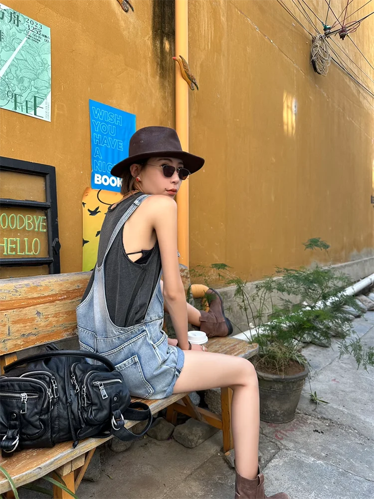Broken Hole Denim Suspender Retro Washed Loose Suspender One-Piece Wide Leg Shorts
