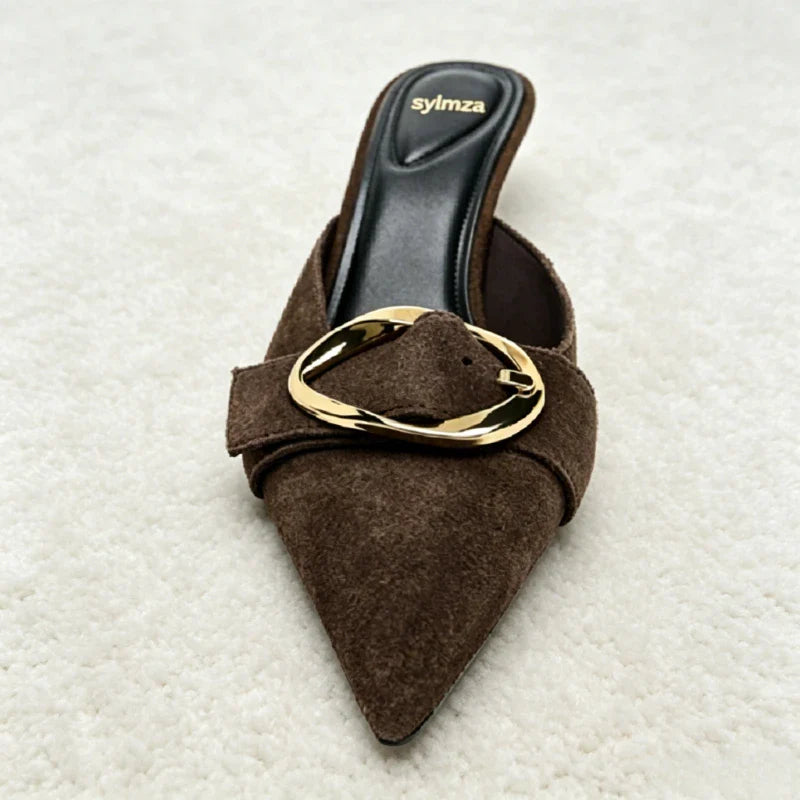 Brown Faux Suede Mule Sandals Luxury Metal Buckle Embellished Stiletto Slide Sandals Retro Party Dress Shoes