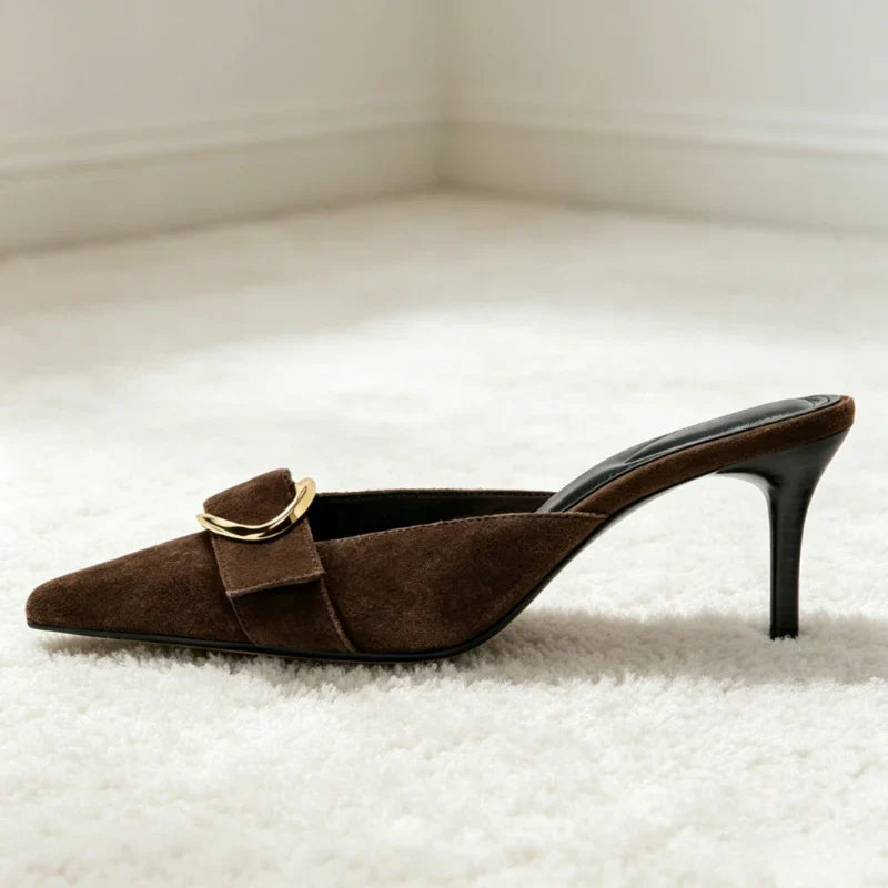 Brown Faux Suede Mule Sandals Luxury Metal Buckle Embellished Stiletto Slide Sandals Retro Party Dress Shoes