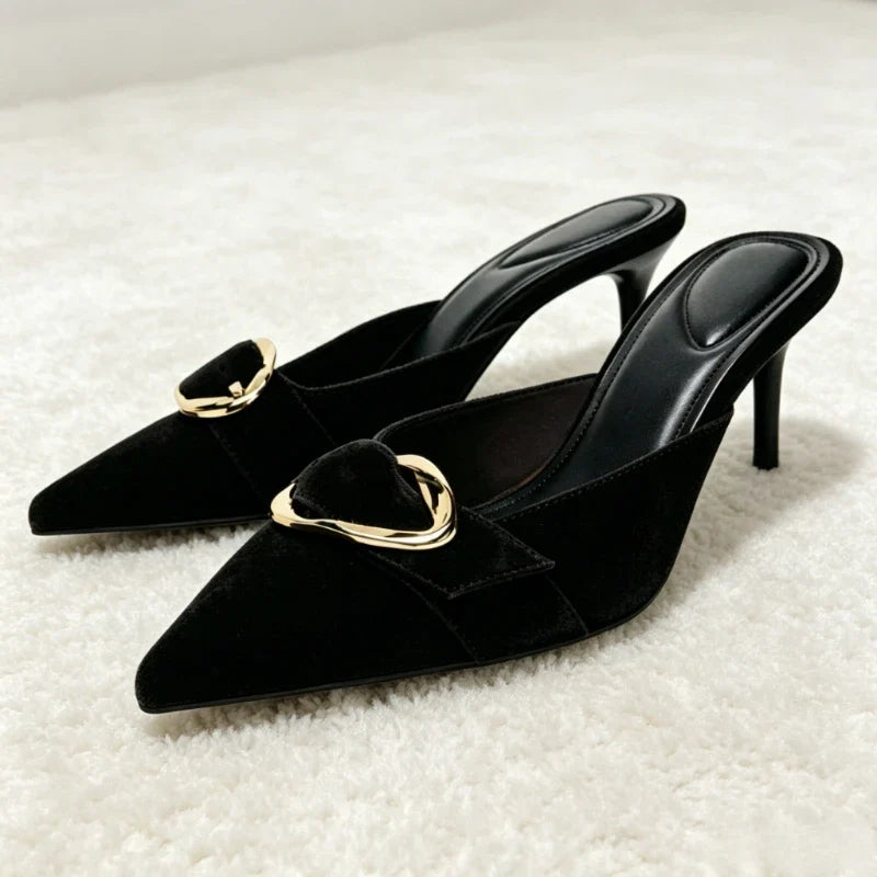 Brown Faux Suede Mule Sandals Luxury Metal Buckle Embellished Stiletto Slide Sandals Retro Party Dress Shoes