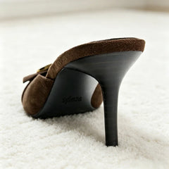 Brown Faux Suede Mule Sandals Luxury Metal Buckle Embellished Stiletto Slide Sandals Retro Party Dress Shoes