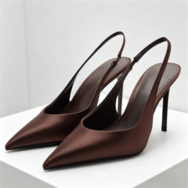 Brown Satin Slingback Pumps Pointed Toe Stiletto High Heel