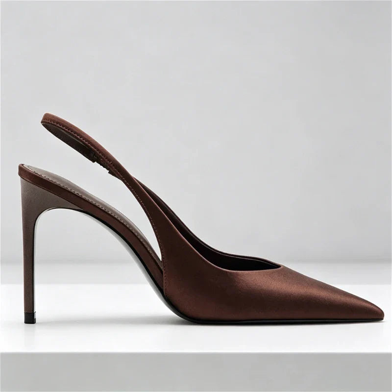 Brown Satin Slingback Pumps Pointed Toe Stiletto High Heel