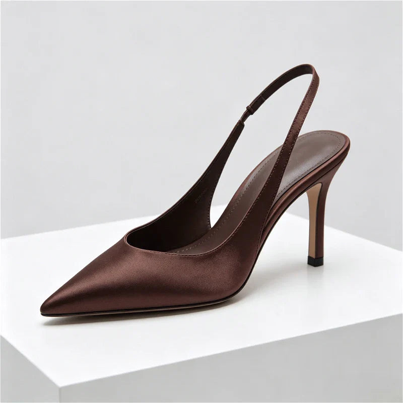 Brown Satin Slingback Pumps Pointed Toe Stiletto High Heel