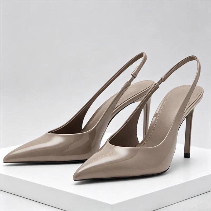 Brown Satin Slingback Pumps Pointed Toe Stiletto High Heel